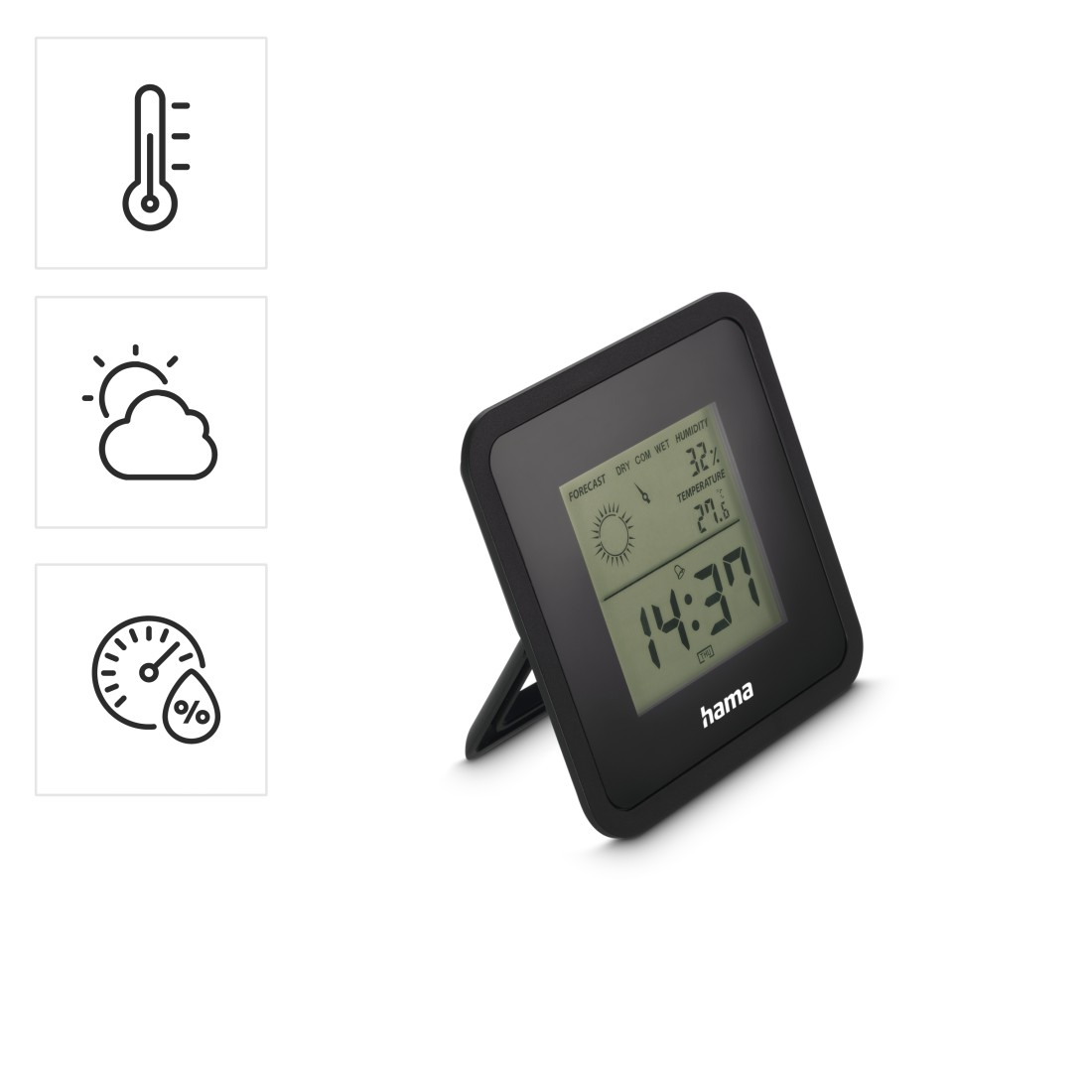 Eine schwarze digitale Wetterstation zeigt Uhrzeit, Temperatur und Luftfeuchtigkeit an. Symbole für Thermometer, Sonne und Luftfeuchtigkeit sind vorhanden.