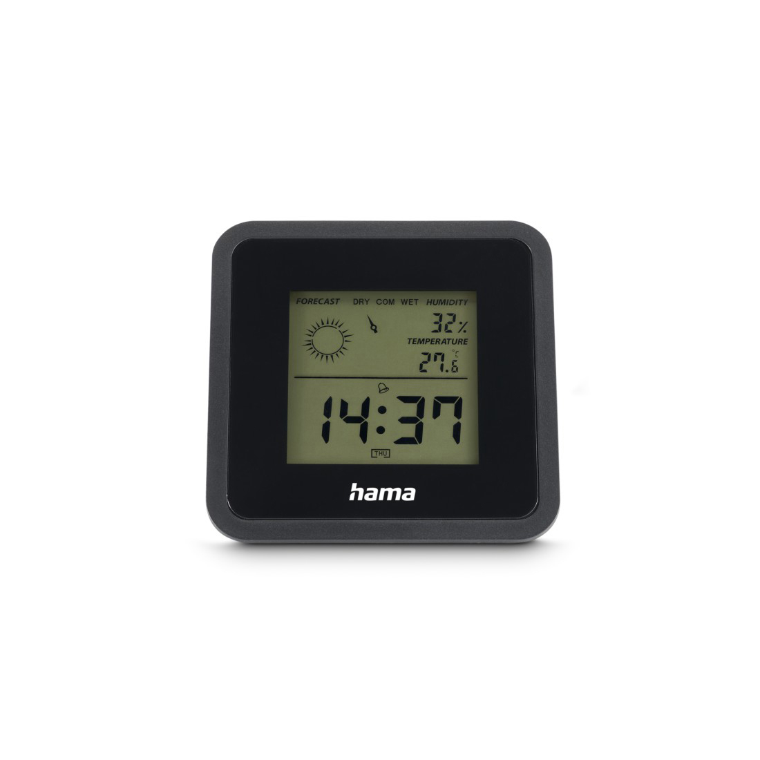 Ein schwarzes Digitalthermometer zeigt 27.6 Grad, 32% Luftfeuchtigkeit und 14:37 Uhr.
