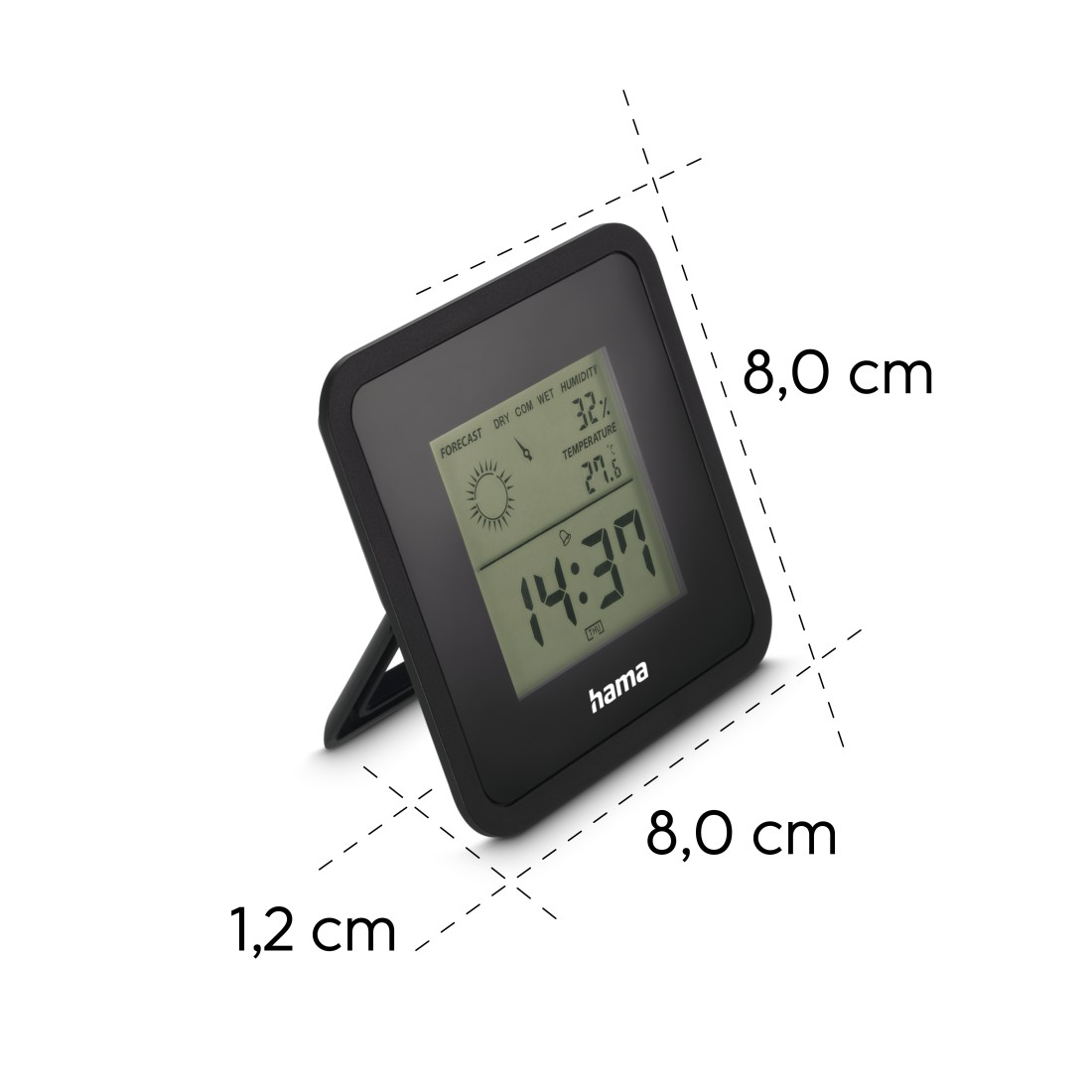Eine schwarze Digitaluhr zeigt 14:37, 32 % Luftfeuchtigkeit und 27,6 °C an. Die Uhr ist 8x8 cm groß, der Ständer 1,2 cm.