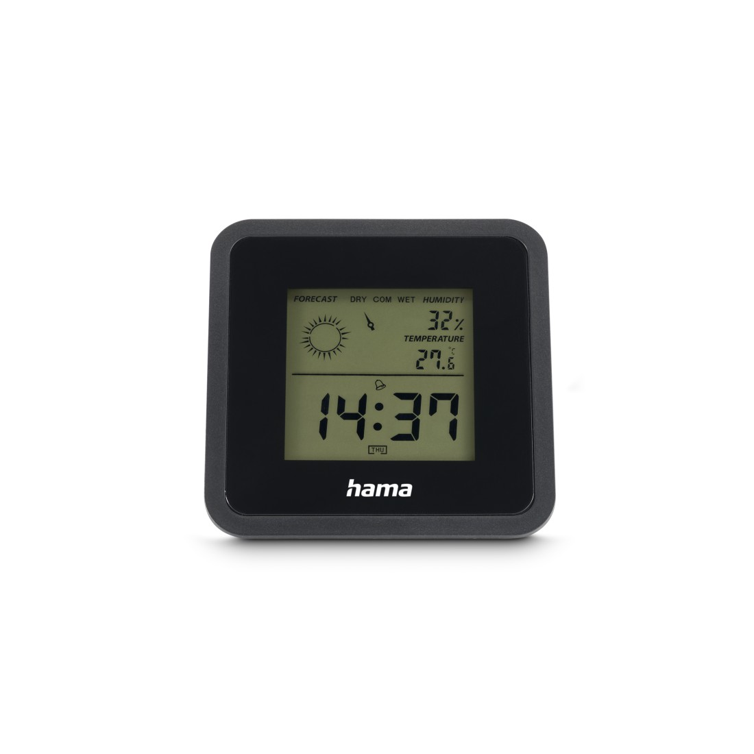 Eine schwarze digitale Wetterstation von Hama, die Vorhersage, Uhrzeit, Luftfeuchtigkeit und Temperatur anzeigt.