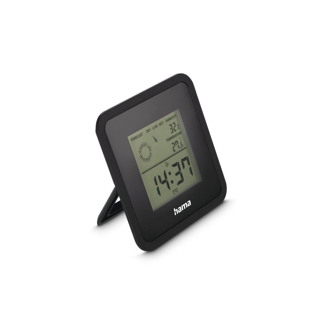 Eine schwarze digitale Wetterstation zeigt Zeit, Temperatur und Luftfeuchtigkeit an. Es steht auf weißem Untergrund. Die Marke ist Hama.