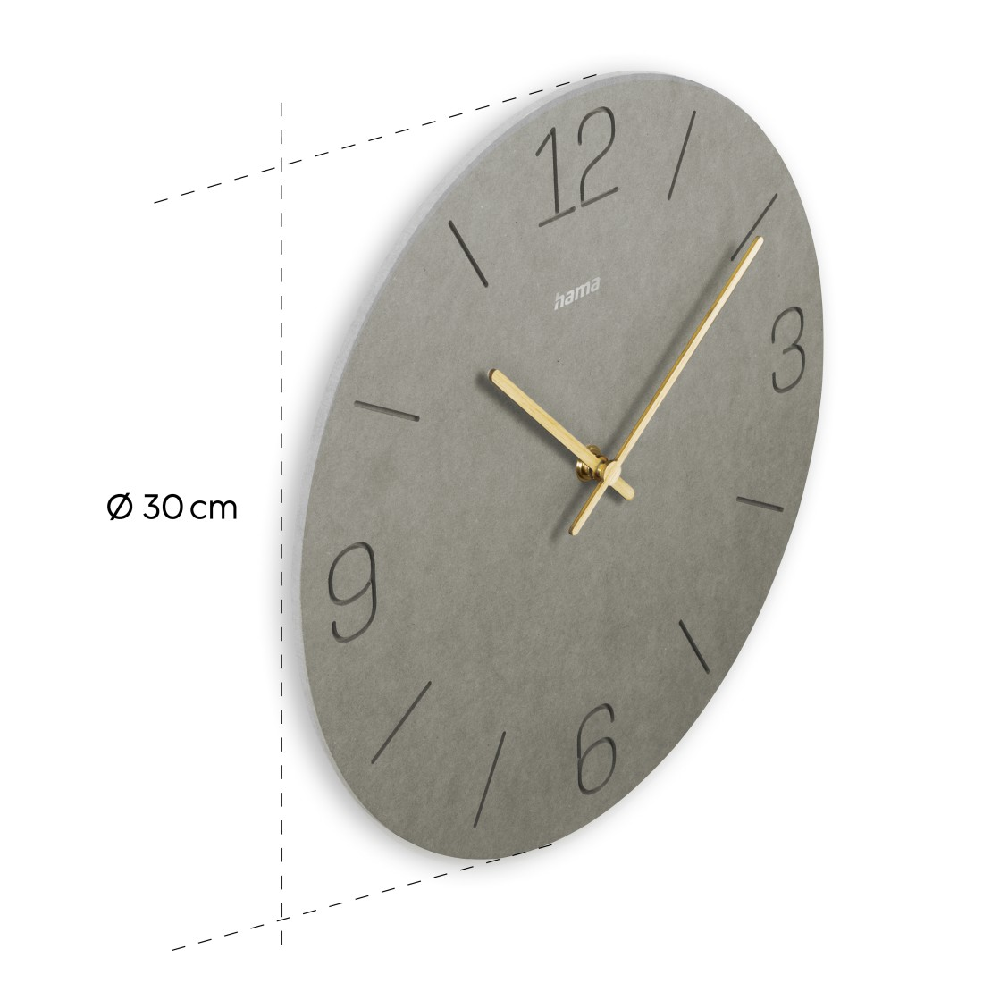 Eine graue, runde Wanduhr mit goldenen Zeigern. Die Zahlen 12, 3, 6 und 9 sind sichtbar. Die Uhr hat einen Durchmesser von 30 cm.