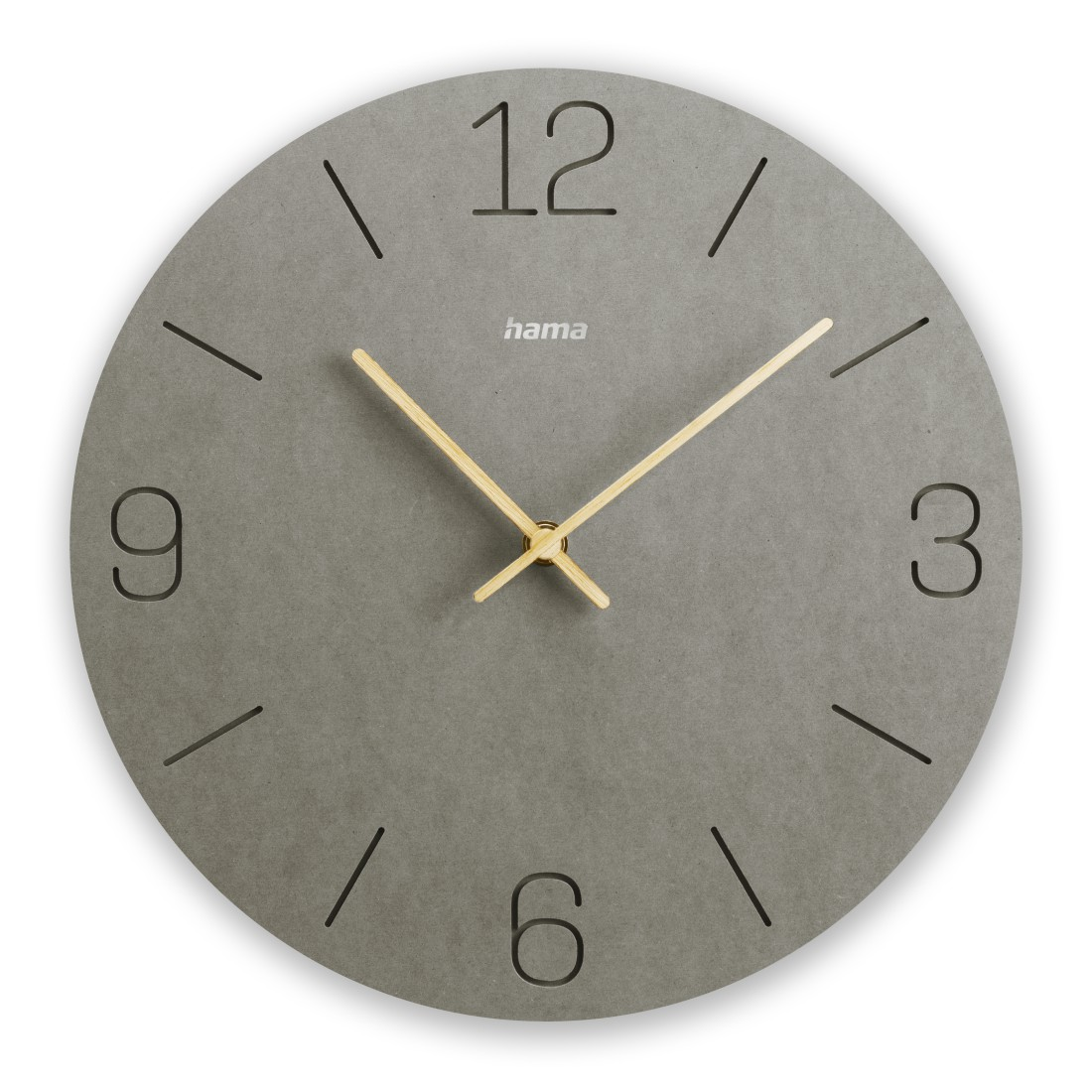 Eine graue runde Uhr mit goldenen Zeigern und schwarzen Zahlen. Auf dem Zifferblatt steht die Marke 'hama'.