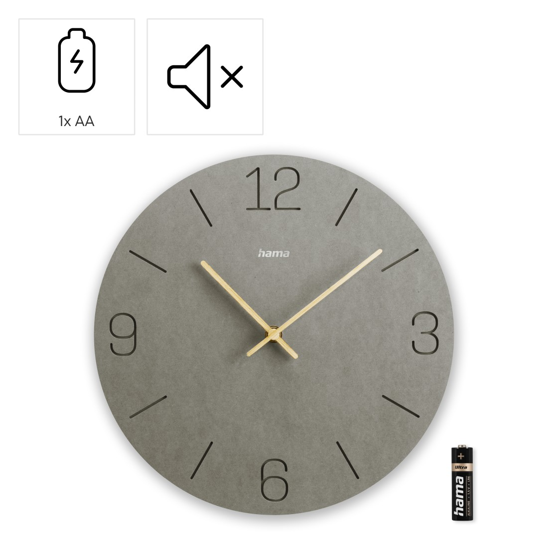 Graue runde Uhr mit goldenen Zeigern und den Zahlen 3, 6, 9 und 12. Batterie- und Stummschalt-Symbole über der Uhr.
