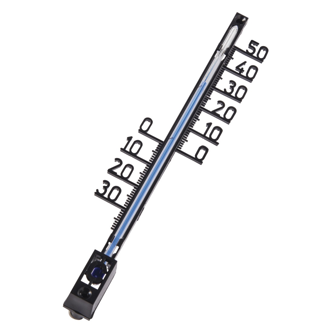 Ein schwarzes Thermometer auf weißem Hintergrund. Es hat eine blaue Flüssigkeit im Inneren mit Zahlen von -30 bis 50.