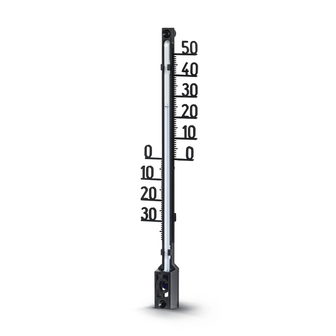 Ein schwarzes Thermometer auf weißem Grund. Es hat eine Skala von -30 bis 50 Grad. Die Temperatur liegt nahe 0.