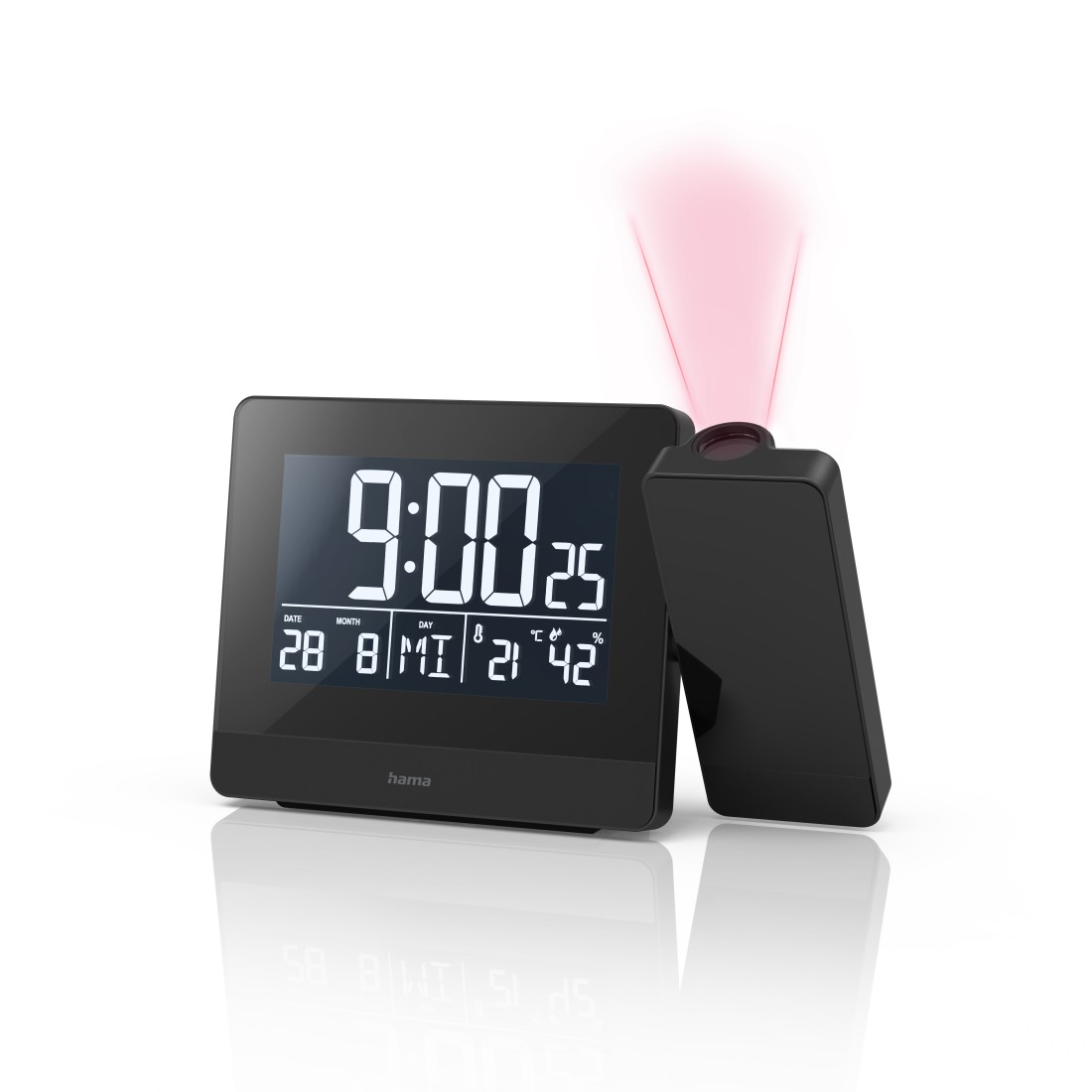Schwarze Digitaluhr zeigt 9:00 Uhr mit Datum und Temperatur an, projiziert rotes Licht. Die Marke ist Hama.