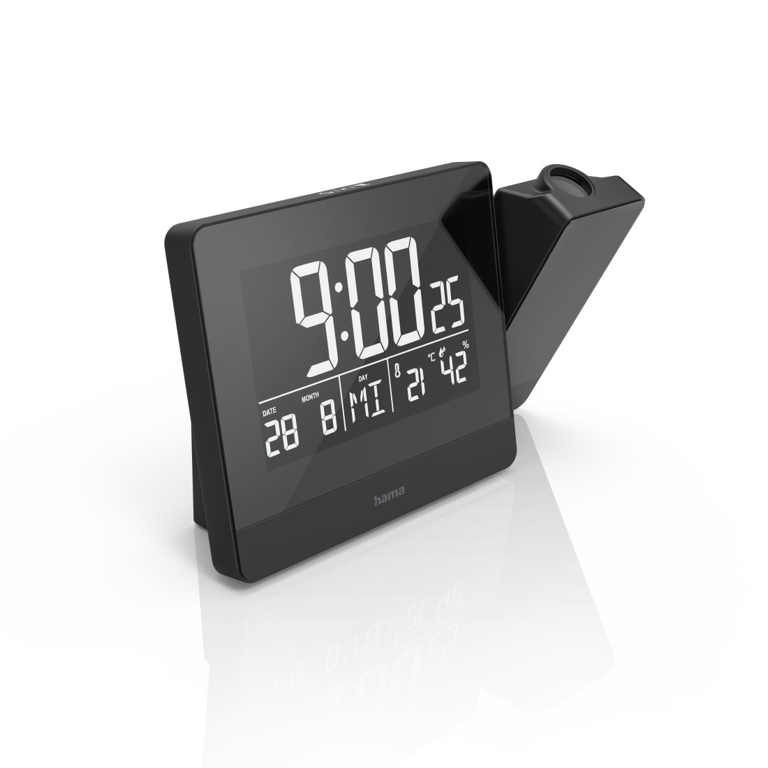 Eine schwarze Digitaluhr zeigt 9:00 Uhr, Datum und Temperatur an. Sie spiegelt sich auf einer weißen Oberfläche. Die Uhr hat einen Projektionsarm.