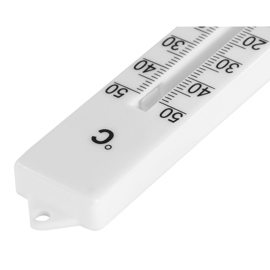 Ein weißes Thermometer mit Celsius-Graden. Die Skala reicht von 20 bis 50, unten befindet sich ein Loch.
