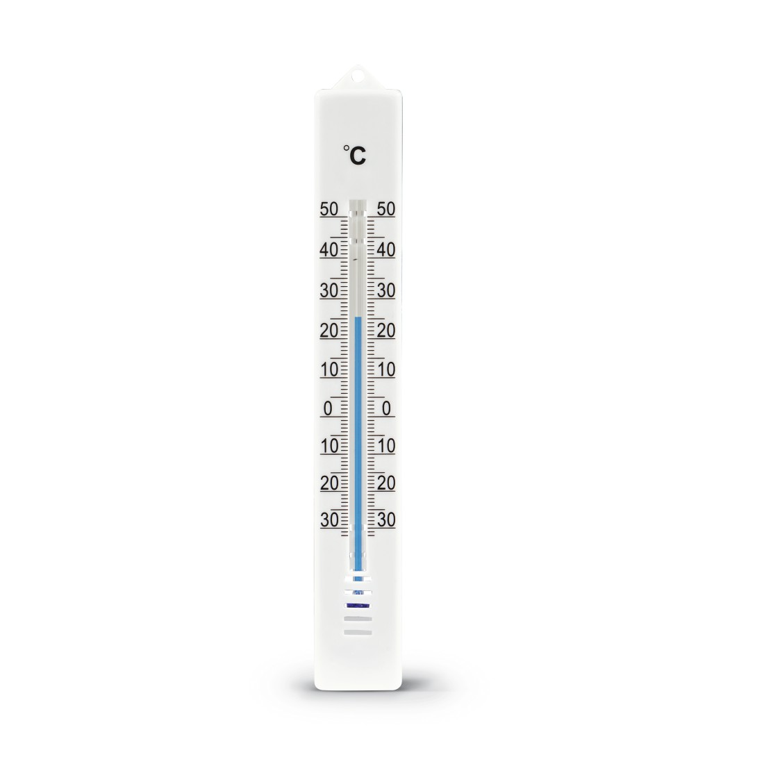 Ein weißes Celsius-Thermometer mit einer blauen Flüssigkeitslinie, die eine Temperatur knapp unter 0 Grad anzeigt. Es ist vor weißem Hintergrund.