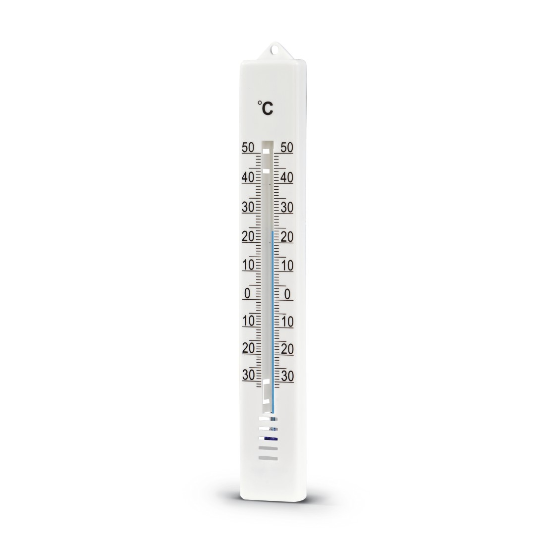 Ein weißes Thermometer mit blauer Flüssigkeit zeigt eine Temperatur von etwa -10 Grad Celsius an. Der Hintergrund ist weiß.