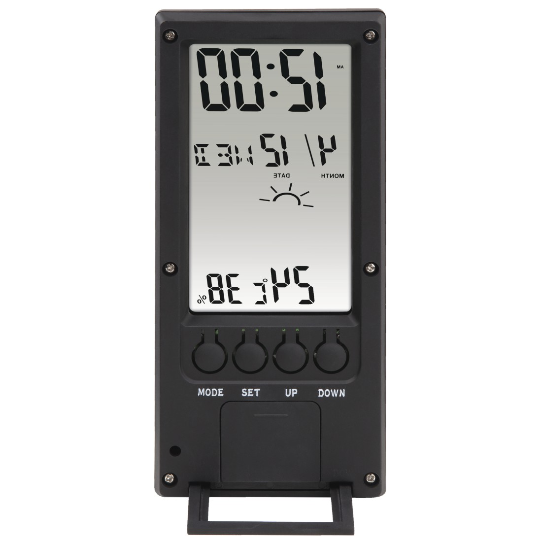 Schwarze digitale Wetterstation mit Uhrzeit, Datum, Temperatur und Tasten. Zeigt 00:51, 15:14, 38 Grad und ein Sonnensymbol.