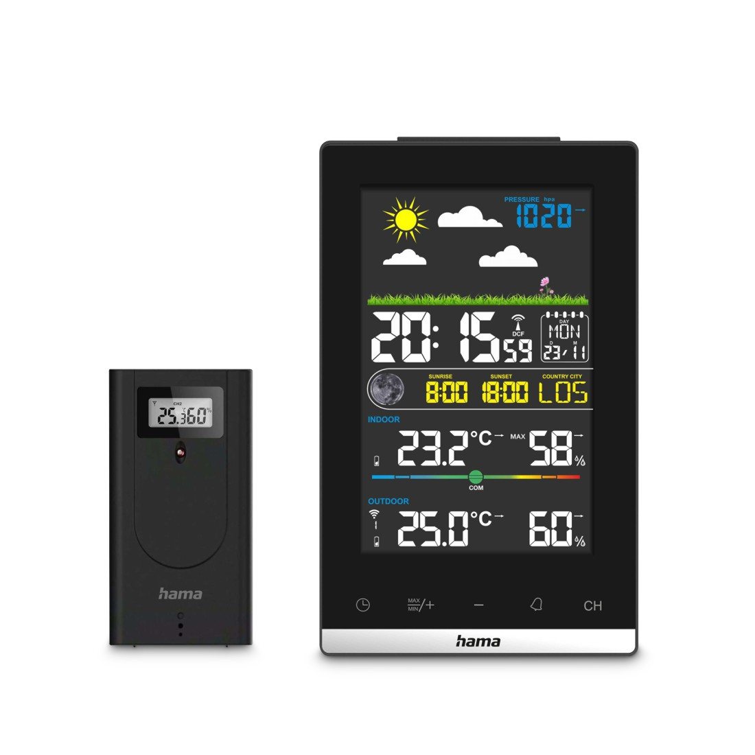 Schwarze Wetterstation mit Uhrzeit, Temperatur, Luftfeuchtigkeit und Wetterbedingungen. Ein separater Sensor links.