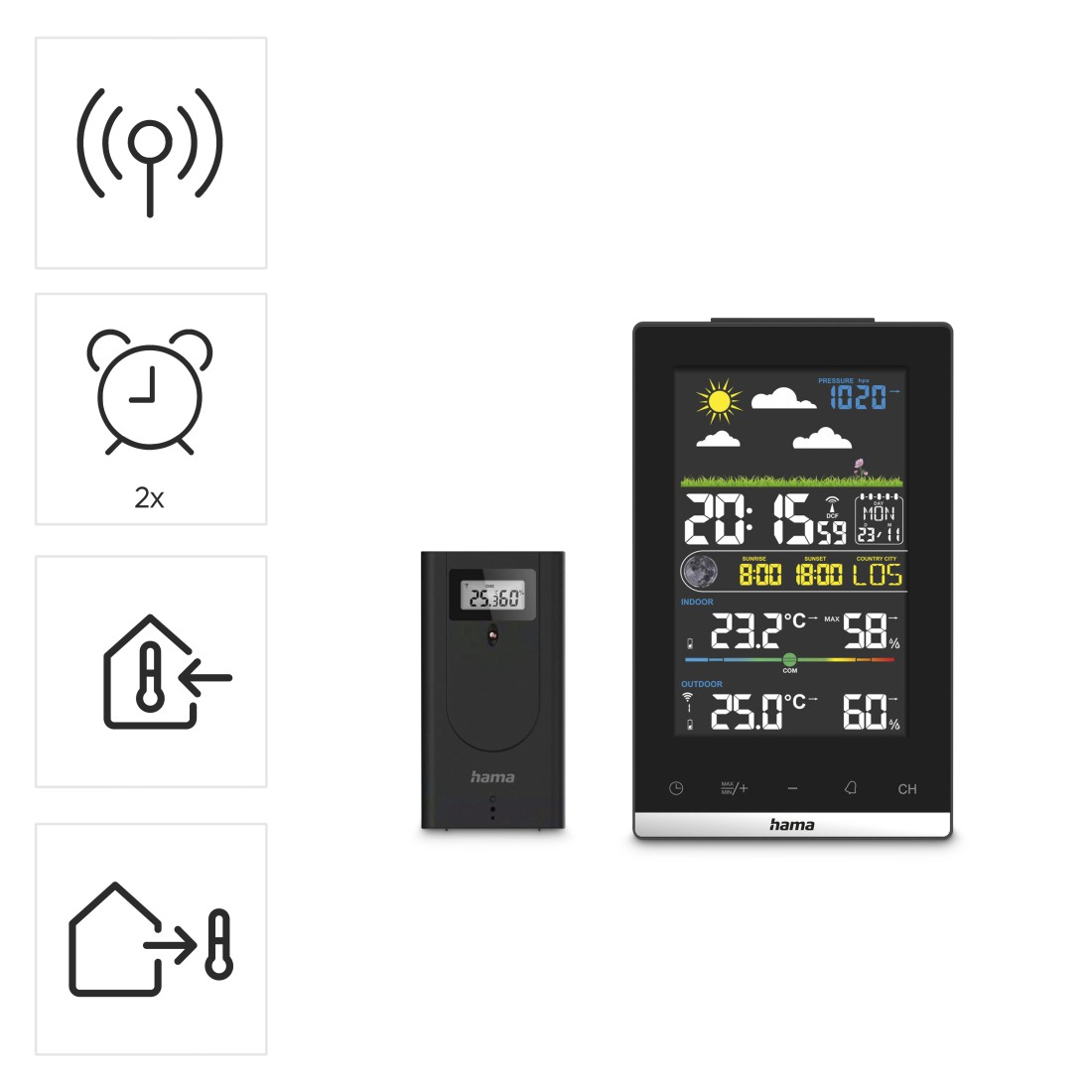 Wetterstation mit Zeit, Temperatur und Luftfeuchtigkeit. Enthält ein kleines Display und eine schwarze Haupteinheit.