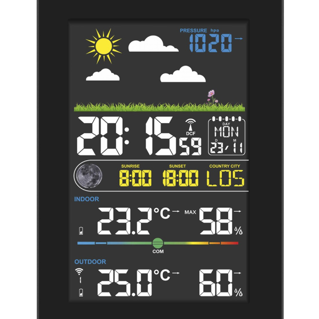 Wetterstation mit Anzeige von Uhrzeit, Datum, Temperatur, Luftfeuchtigkeit und Luftdruck. Sonnenaufgangs- und untergangszeiten.