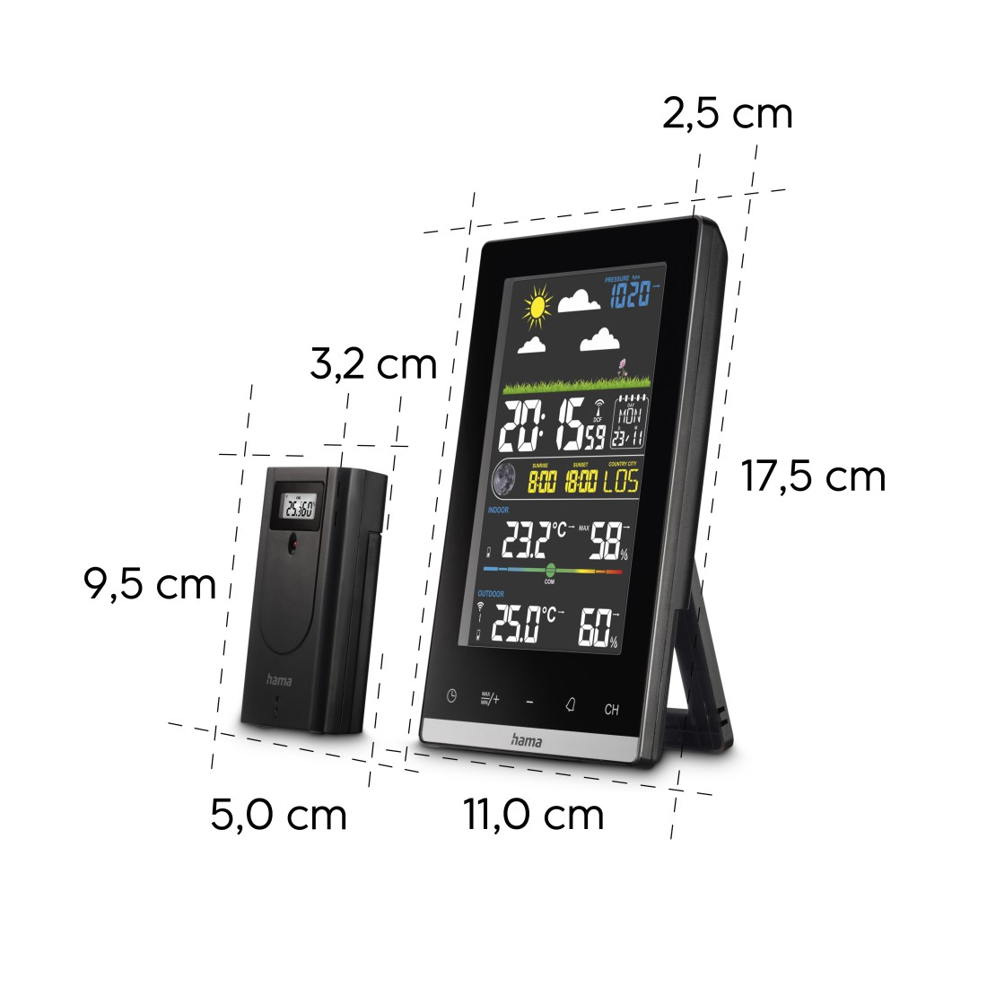 Eine schwarze Wetterstation mit Digitalanzeige, die Zeit, Temperatur, Luftfeuchtigkeit und Wettersymbole anzeigt. Links ein kleinerer Sensor.