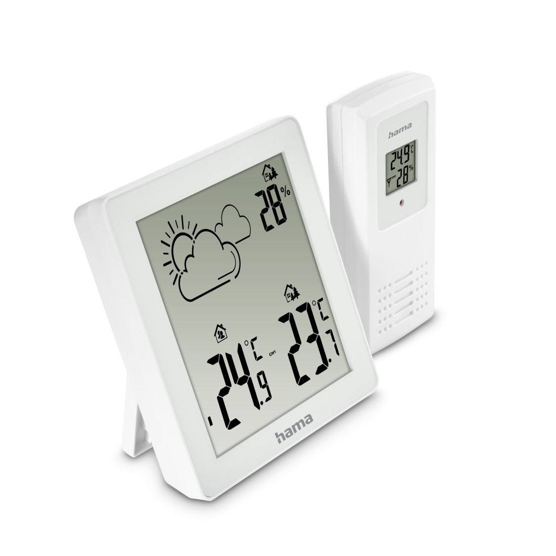Eine weiße digitale Wetterstation zeigt Temperatur und Luftfeuchtigkeit an. Ein separates, kleineres Gerät zeigt die Messwerte an. Die Marke ist 'hama'.