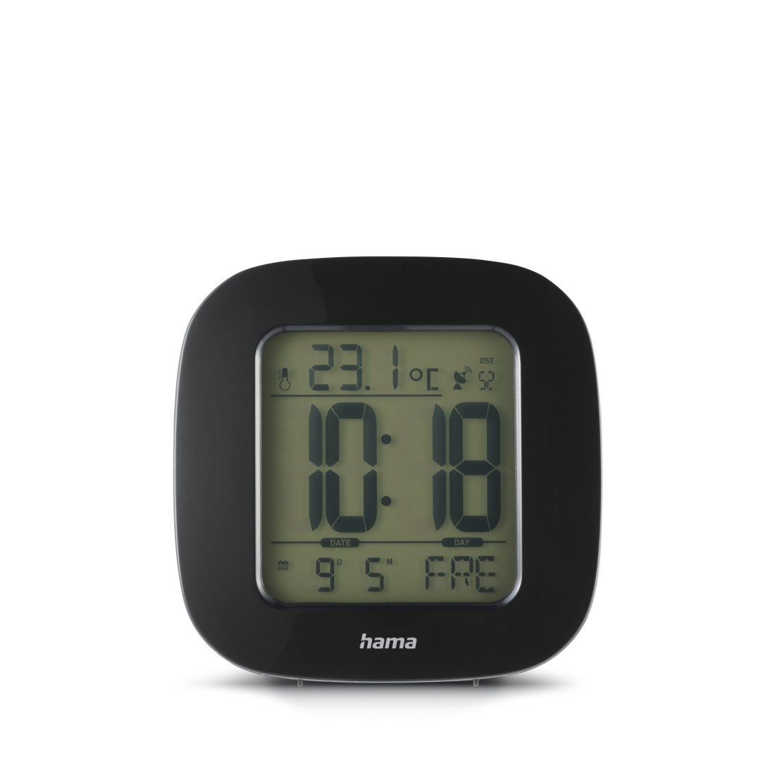 Eine schwarze Digitaluhr zeigt 23,1 Grad, die Zeit 10:18 und das Datum 9/5 an. Die Marke 'hama' ist unten.