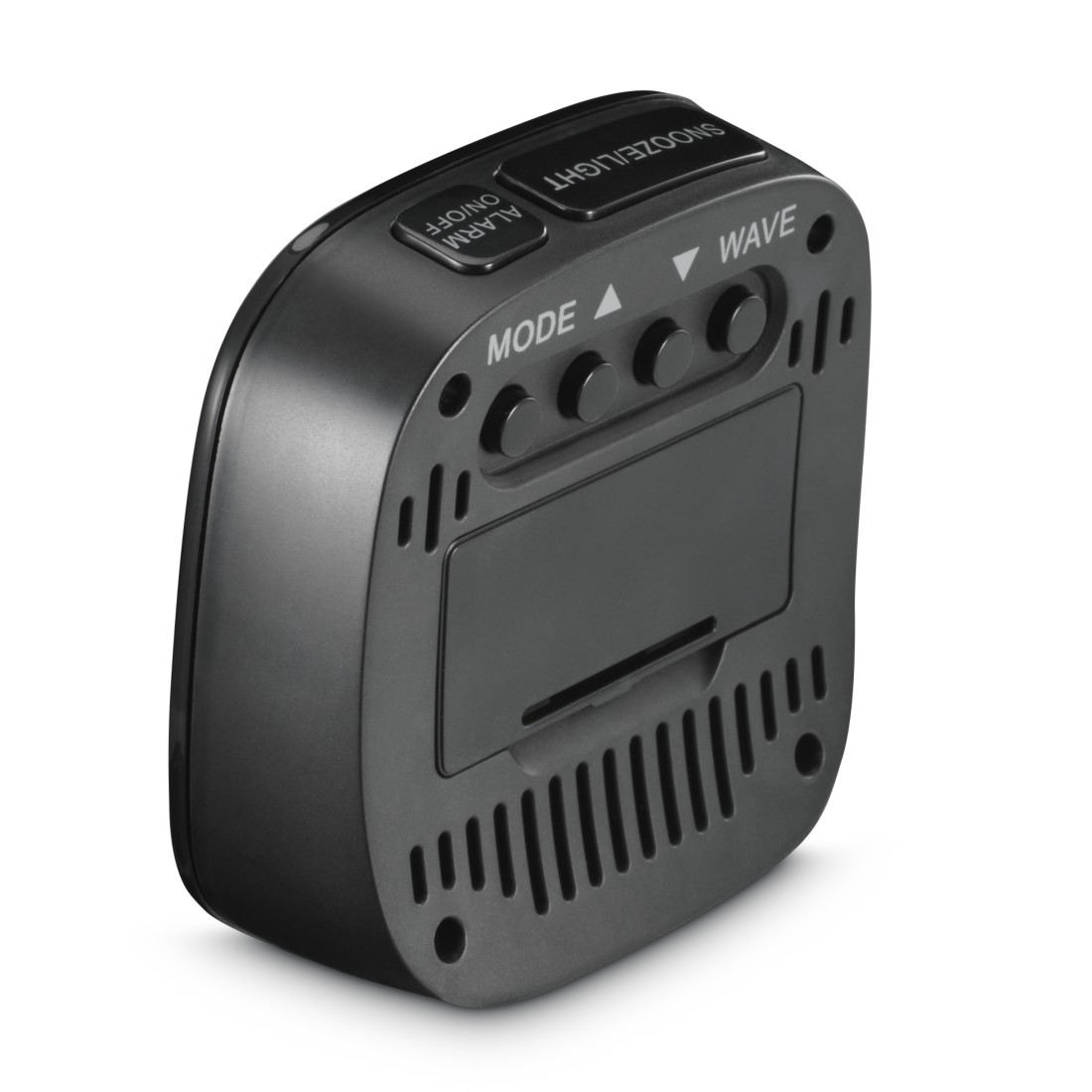Ein schwarzer digitaler Wecker mit Knöpfen für Alarm, Modus, Schlummerfunktion und Licht. Er hat eine Digitalanzeige und Lautsprecherschlitze.