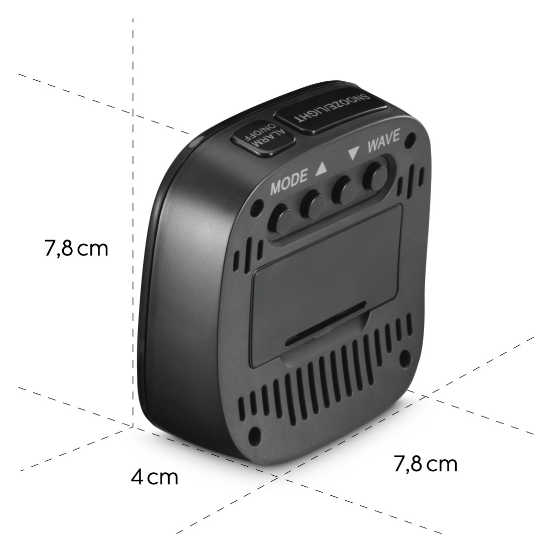 Gezeigt wird ein schwarzer digitaler Wecker mit Maßangaben. Zu den Tasten gehören Alarm, Modus und Schlummer/Licht. Die Uhr steht auf weißem Grund.