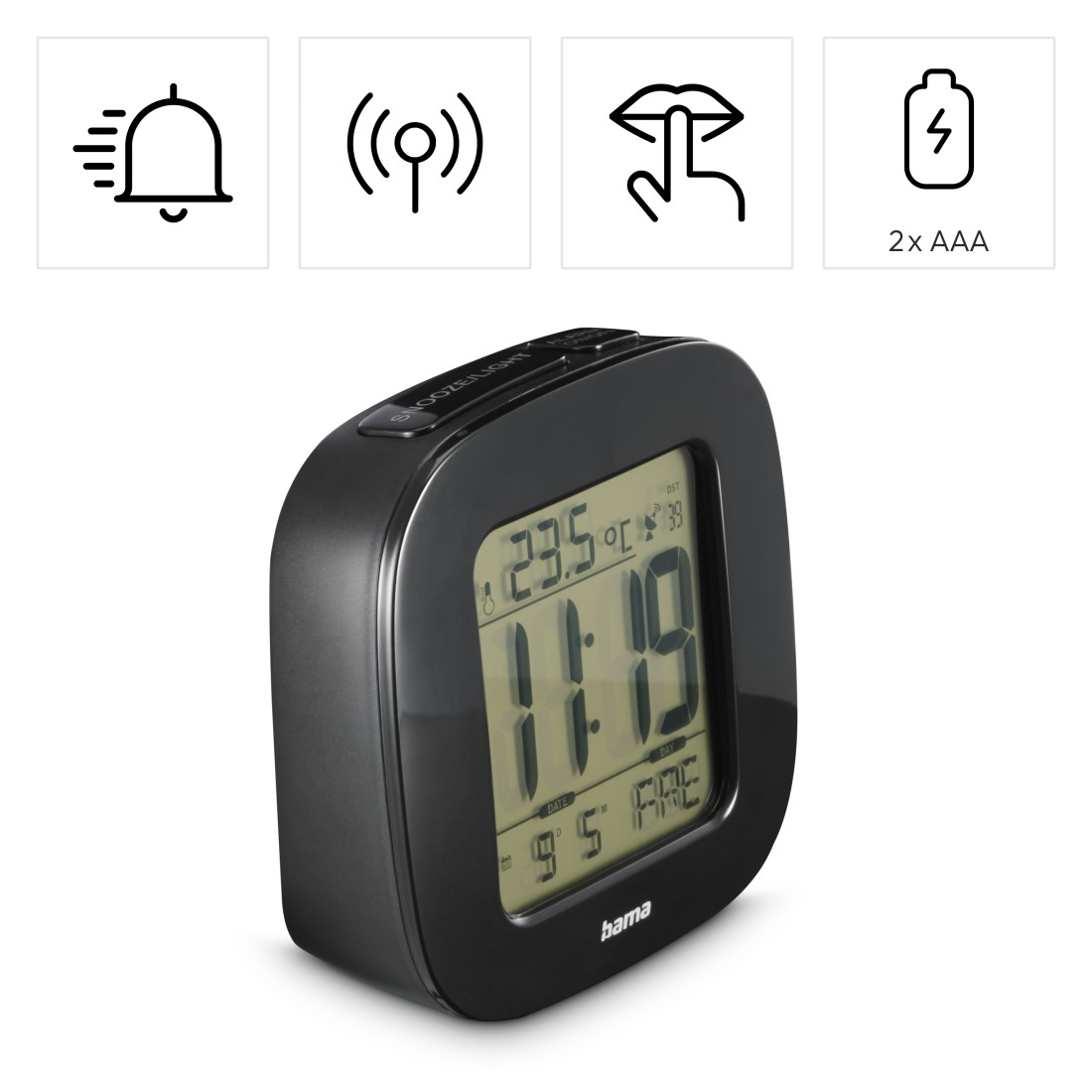 Schwarzer digitaler Wecker mit Anzeige von Uhrzeit und Temperatur. Oben sind Symbole für Alarm, Signal, Stummschaltung und Batterien.