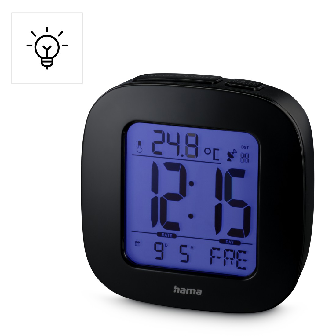 Schwarzer digitaler Wecker, der Zeit und Temperatur anzeigt. Das Display zeigt 24,8 Grad Celsius und die Uhrzeit 12:15 Uhr.
