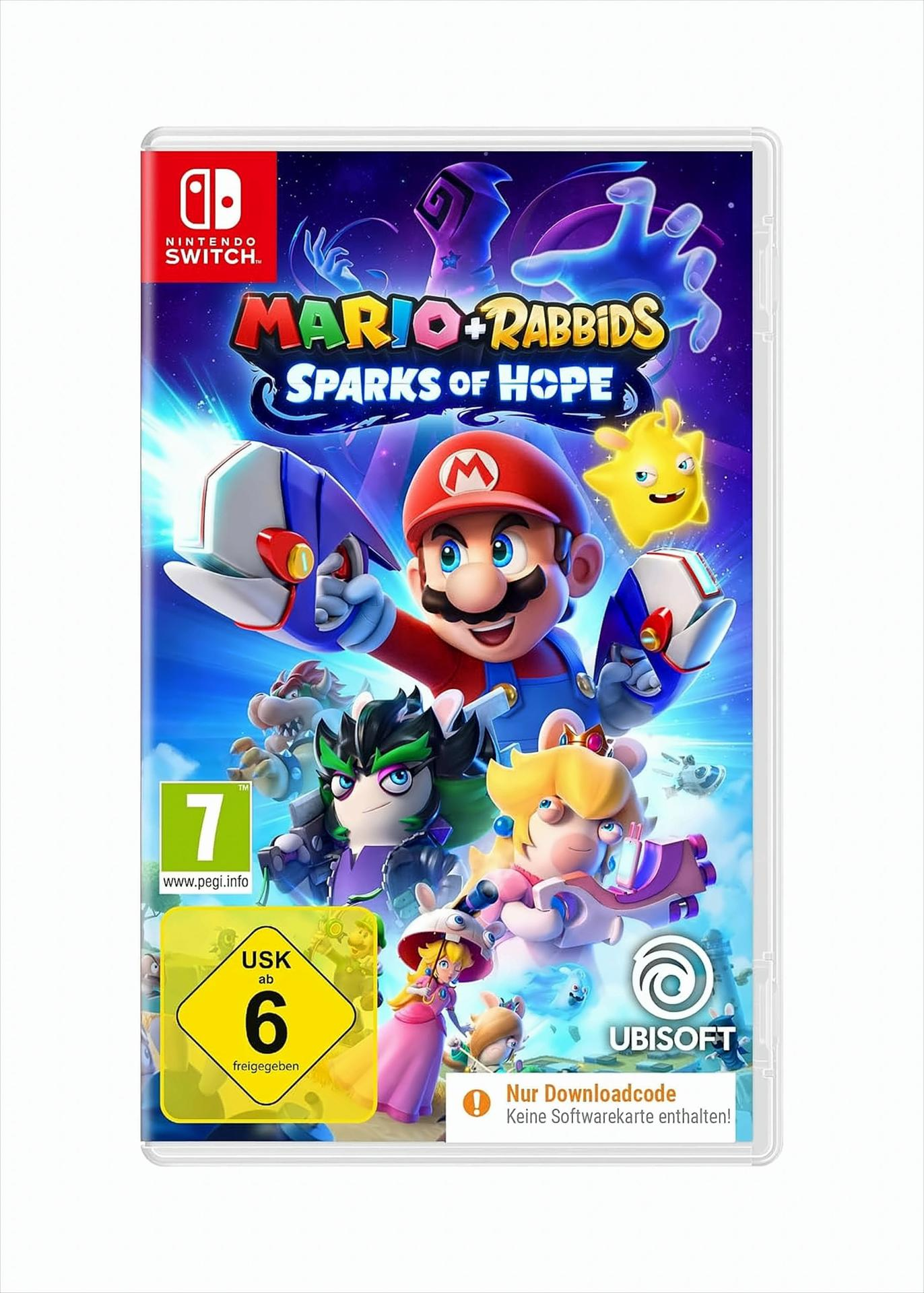 Spiel-Box-Art für Mario + Rabbids Sparks of Hope. Enthält Mario, Rabbids und andere Charaktere vor einem Weltraumhintergrund.
