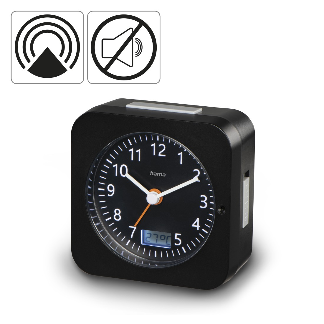 Schwarzer Wecker mit weißen Zeigern, Zahlen und einem orangefarbenen Sekundenzeiger. Er zeigt Zeit und Temperatur an. Zwei Symbole sind oben.