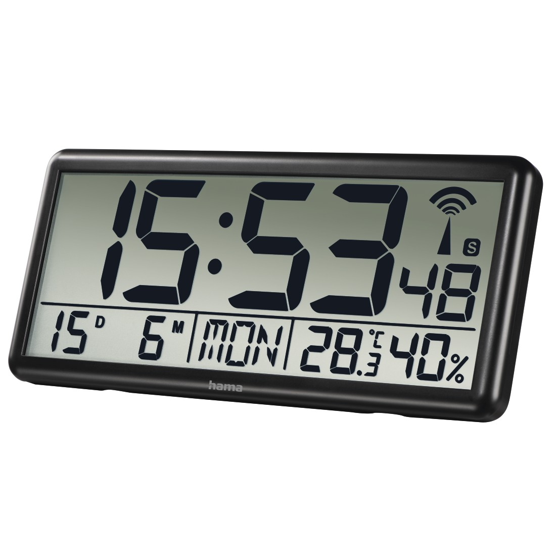 Schwarze Digitaluhr zeigt 15:53:48, mit Datum, Tag, Temperatur und Luftfeuchtigkeit.