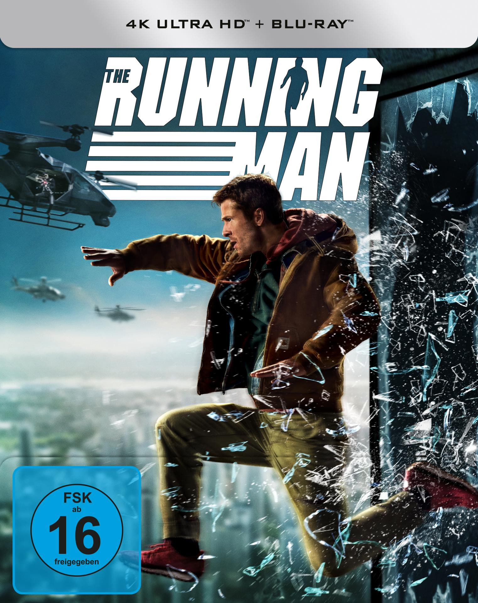 Das Filmposter von 'The Running Man' zeigt einen Mann beim Laufen, Hubschrauber im Hintergrund und zerbrochenes Glas.