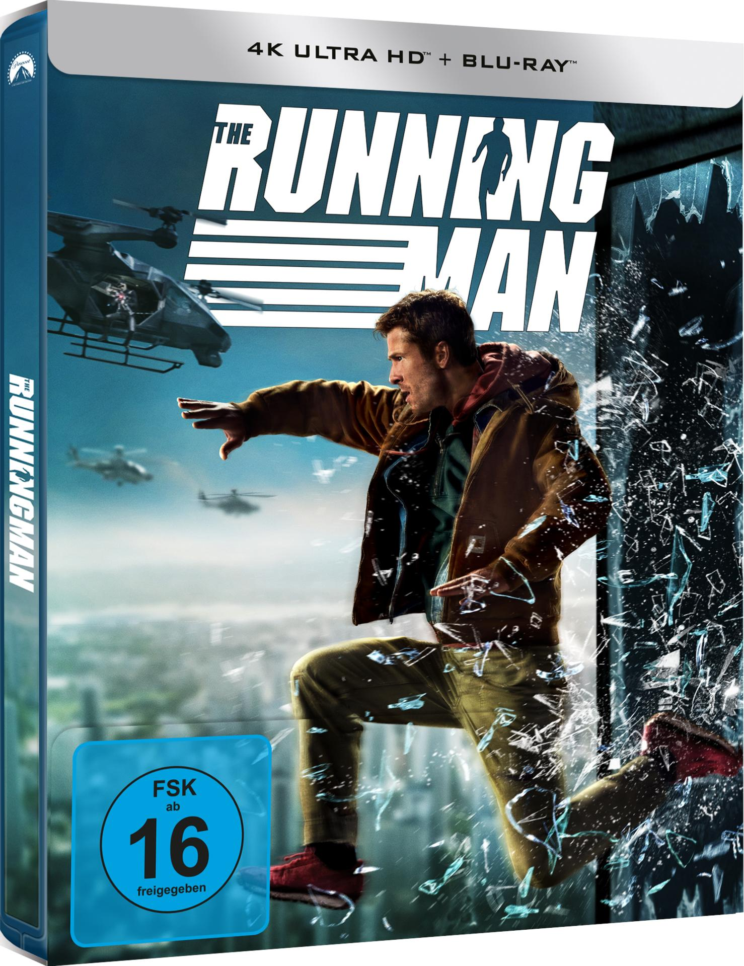 DVD-Cover. Ein Mann springt aus einem Fenster. Hubschrauber fliegen in der Ferne. Der Titel 'The Running Man' steht über ihm.