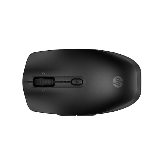 Siyah bir HP faresinin yukarıdan görünümü. Kaydırma tekerleği, Bluetooth düğmesi ve HP logosu var. Fare beyaz bir arka plan üzerinde.