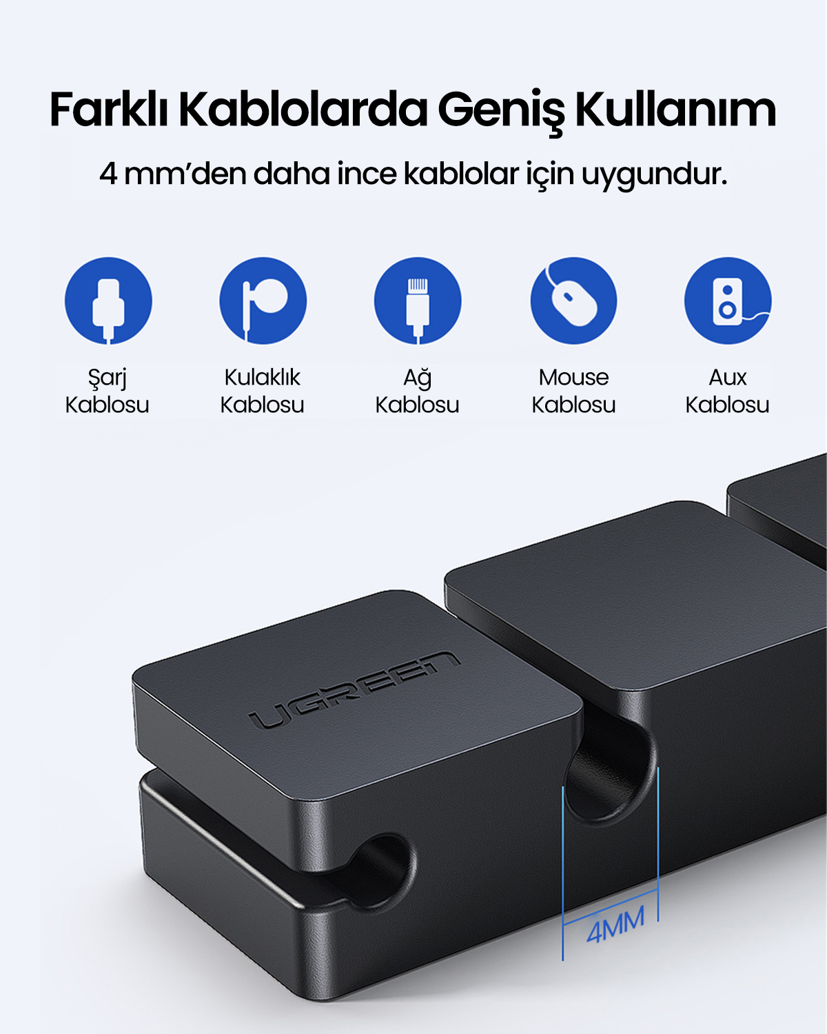 Farklı kabloların simgeleriyle siyah kablo düzenleyici. Metin 'Farklı Kablolarda Geniş Kullanım' ve '4 mm veya daha ince kablolar' diyor.