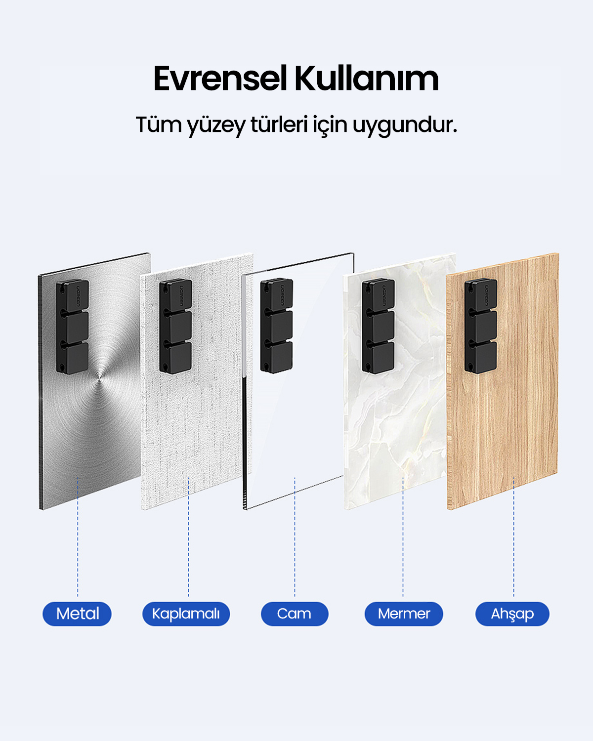 Görsel, metal, kaplamalı, cam, mermer ve ahşap gibi farklı yüzeylerdeki siyah klipsleri gösteriyor. Metin: 'Evrensel Kullanım'.