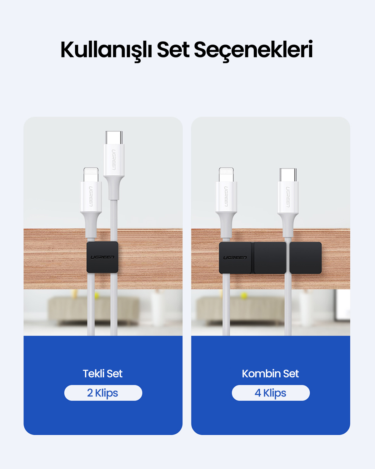 Görsel, klipsli iki kablo seti gösteriyor. Bir sette iki, diğerinde dört klips var. Kablolar beyaz, klipsler siyah.