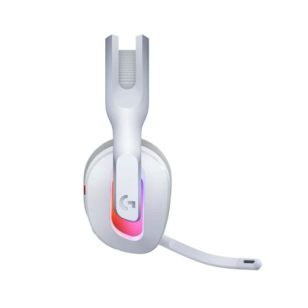 Mikrofonlu beyaz Logitech oyun kulaklığı. Kulaklığın yan tarafında renkli bir LED ışık ve gri kumaş bir kulaklık başlığı var.