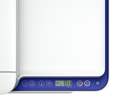 Draufsicht auf ein weiß-blaues Druckerbedienfeld. Es hat Knöpfe und ein Display mit Zahlen und WLAN-Signal.