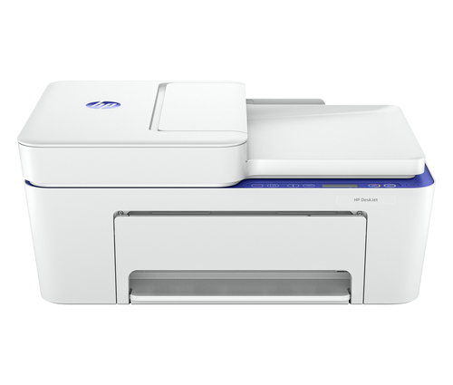 Ein weißer HP DeskJet Drucker mit blauem Akzent. Er hat einen Flachbettscanner und ein Papierfach. Das HP-Logo ist sichtbar.