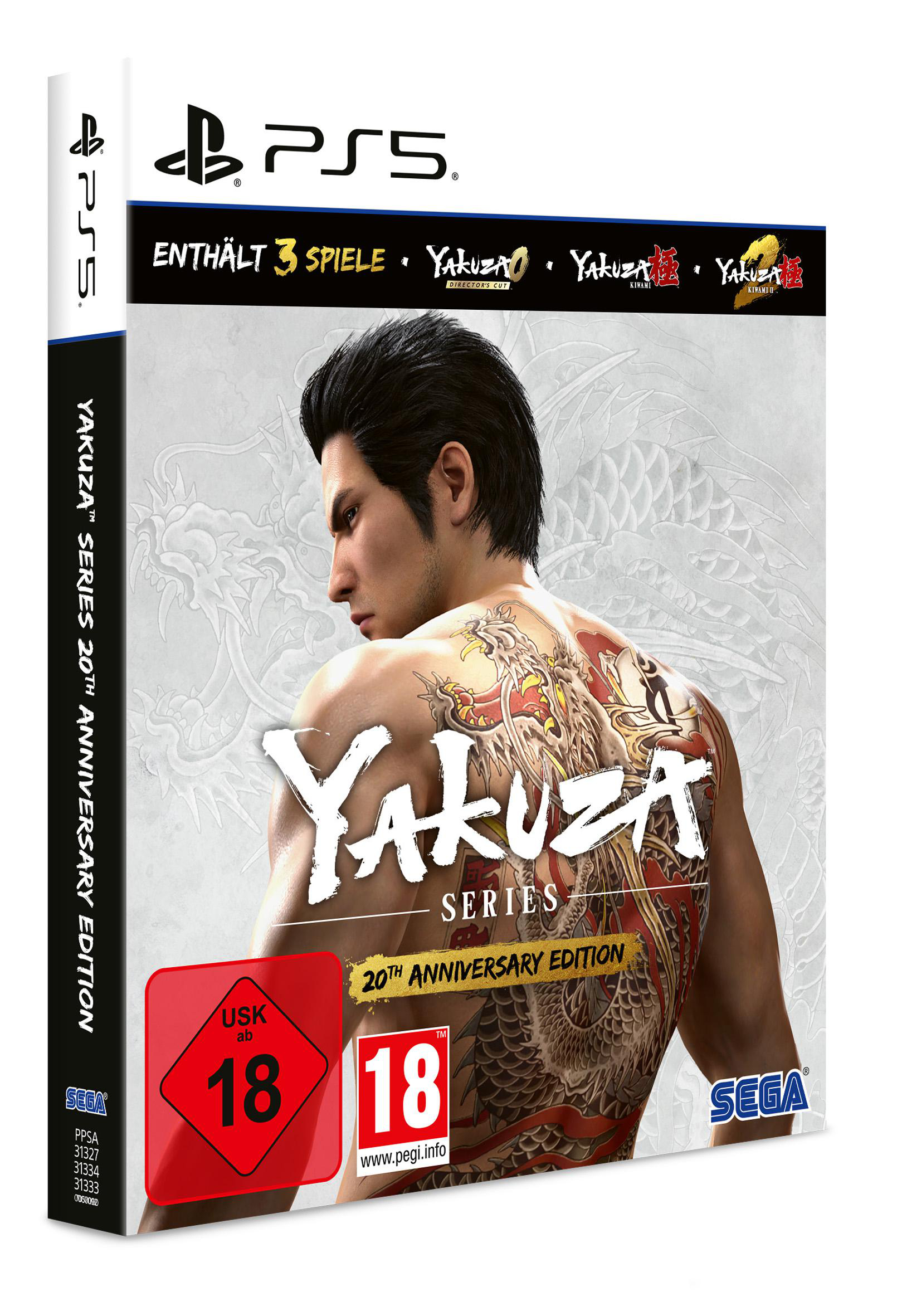 Spielbox-Artwork. Ein Mann mit Drachentattoo ist abgebildet. Das Spiel ist Yakuza, für PS5. Es ist die 20th Anniversary Edition.