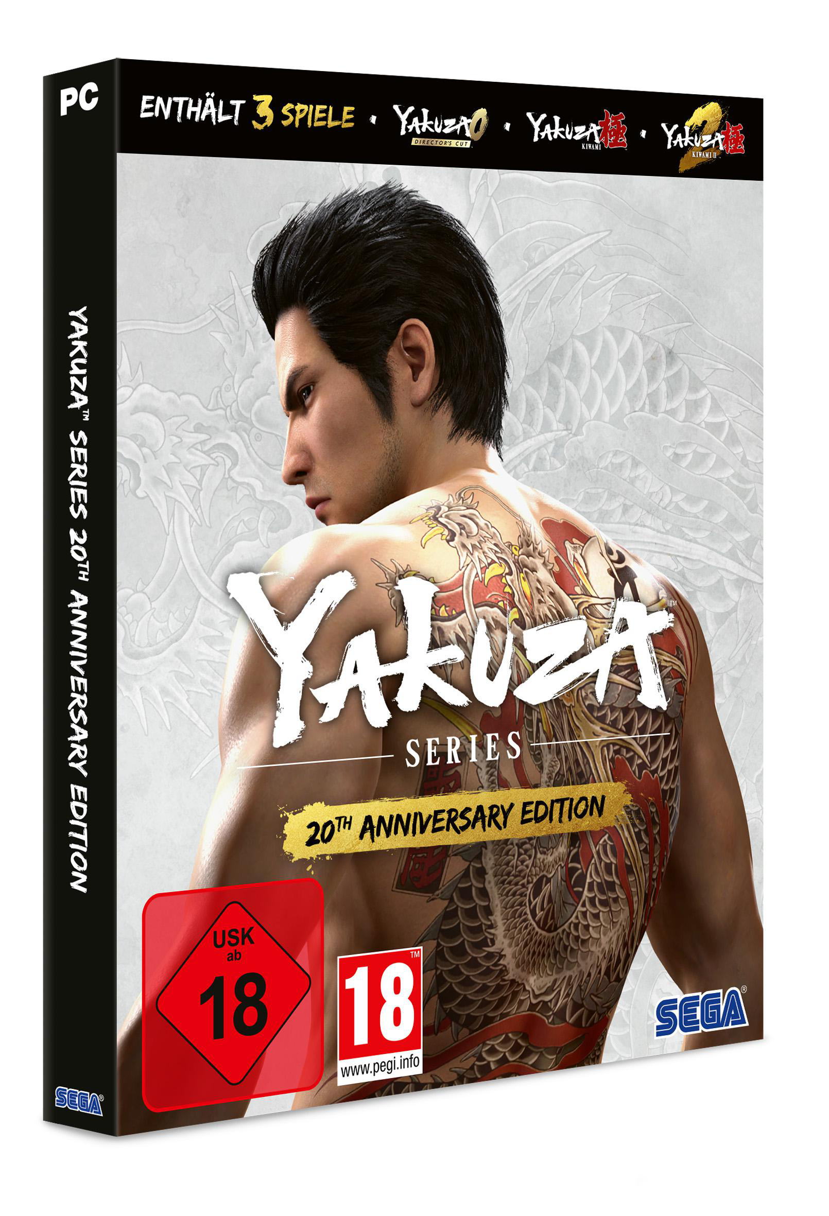 Spielbox-Art. Ein Mann mit Drachen-Tattoo ist zu sehen. Der Titel lautet Yakuza, 20th Anniversary Edition.