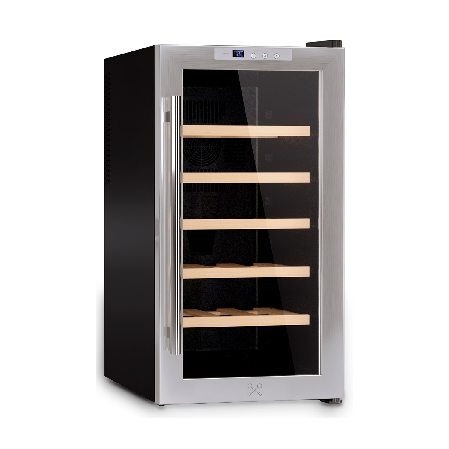 Una cantinetta in acciaio inossidabile con porta a vetro, ripiani in legno e display digitale della temperatura.