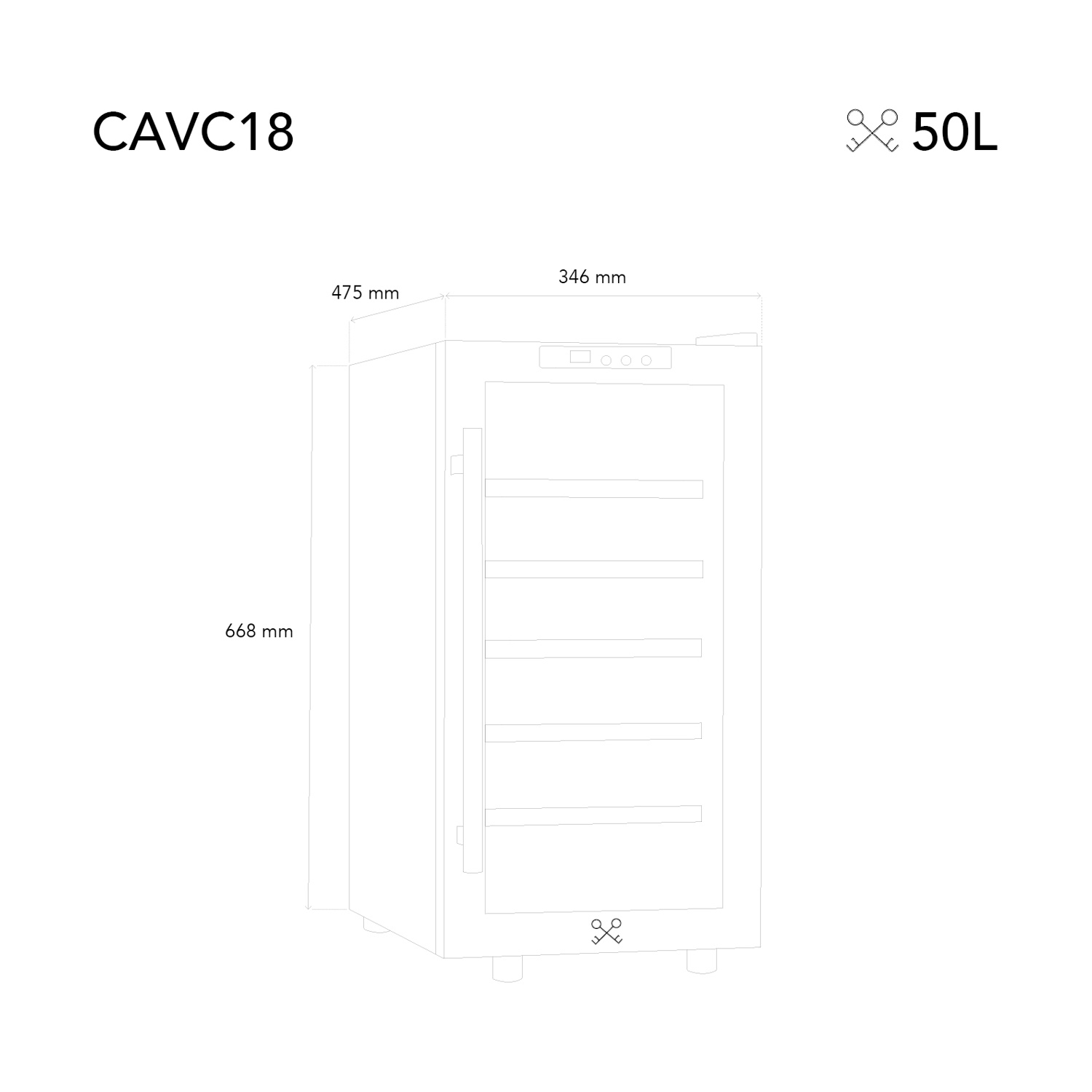Uno schema di un refrigeratore per vino con dimensioni. Il refrigeratore è etichettato CAVC18 e ha una capacità di 50L. Le dimensioni sono 475 mm, 346 mm e 668 mm.