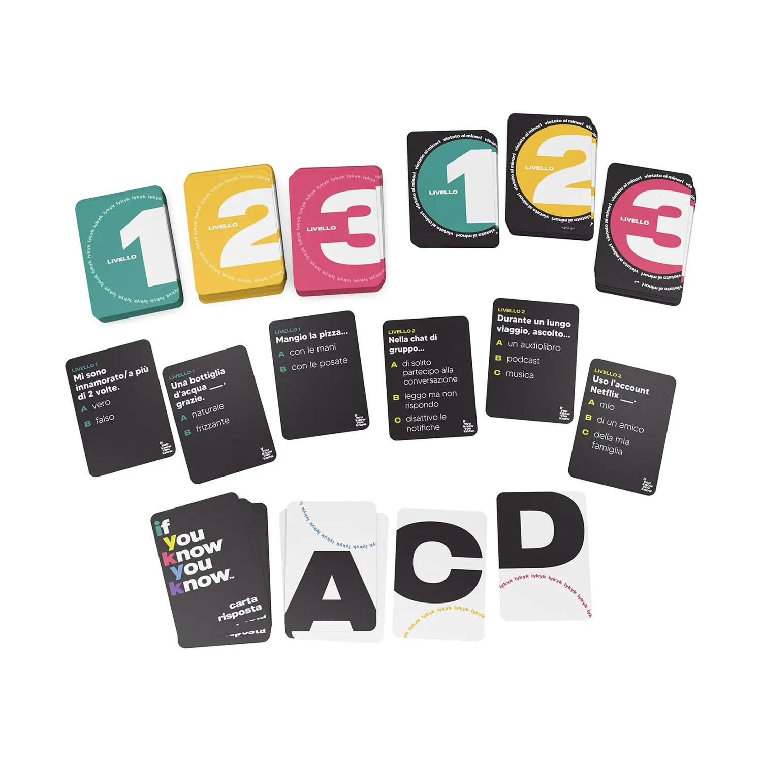 Le carte di un gioco sono disposte. Carte con i numeri 1, 2 e 3 e carte con lettere. Altre carte hanno domande.