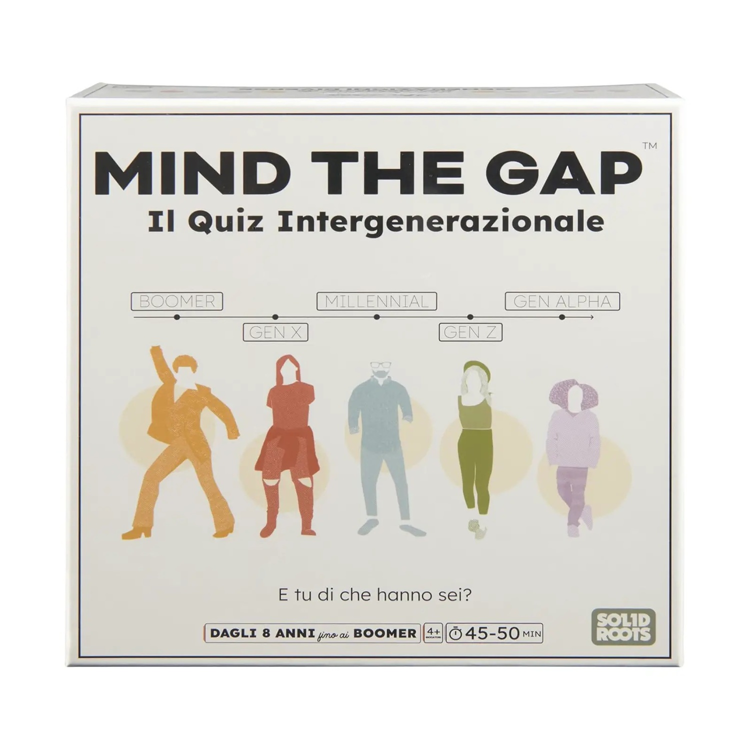 Illustrazione della scatola del gioco Mind The Gap. Le figure rappresentano le generazioni: Boomer, Gen X, Millennial, Gen Z, Gen Alpha. Testo in italiano.