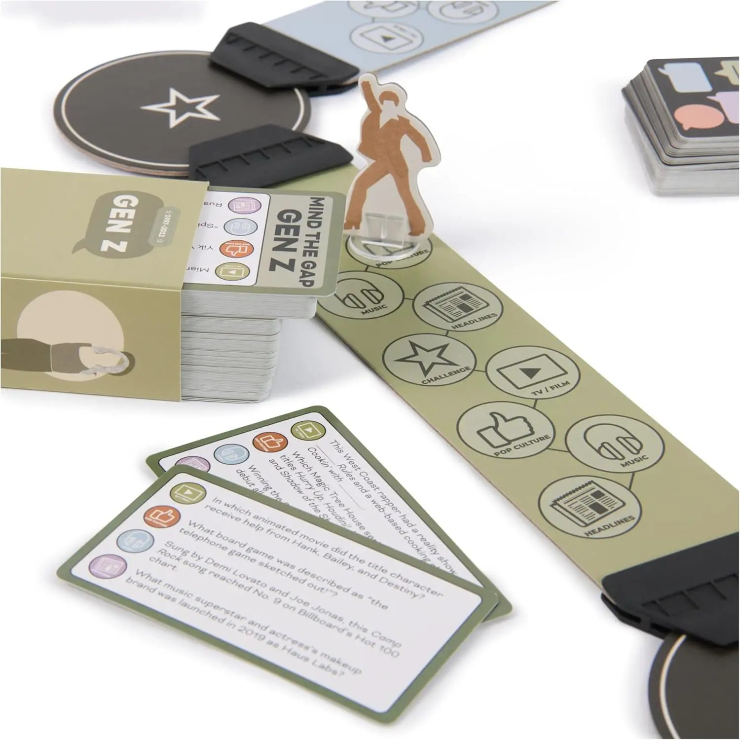 Carte, gettoni e pezzi di gioco a tema 'Gen Z'. Il gioco include carte con domande. Una figura ritagliata è su una striscia di gioco.