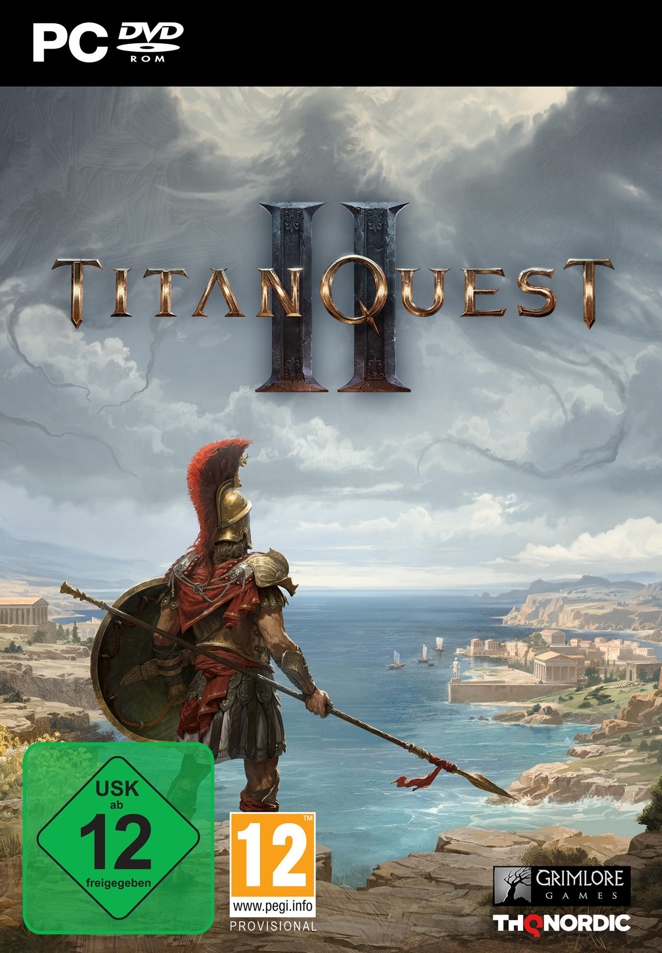 Okładka gry Titan Quest II. Wojownik z włócznią i tarczą stoi przed nadmorskim miastem, tytuł na górze.