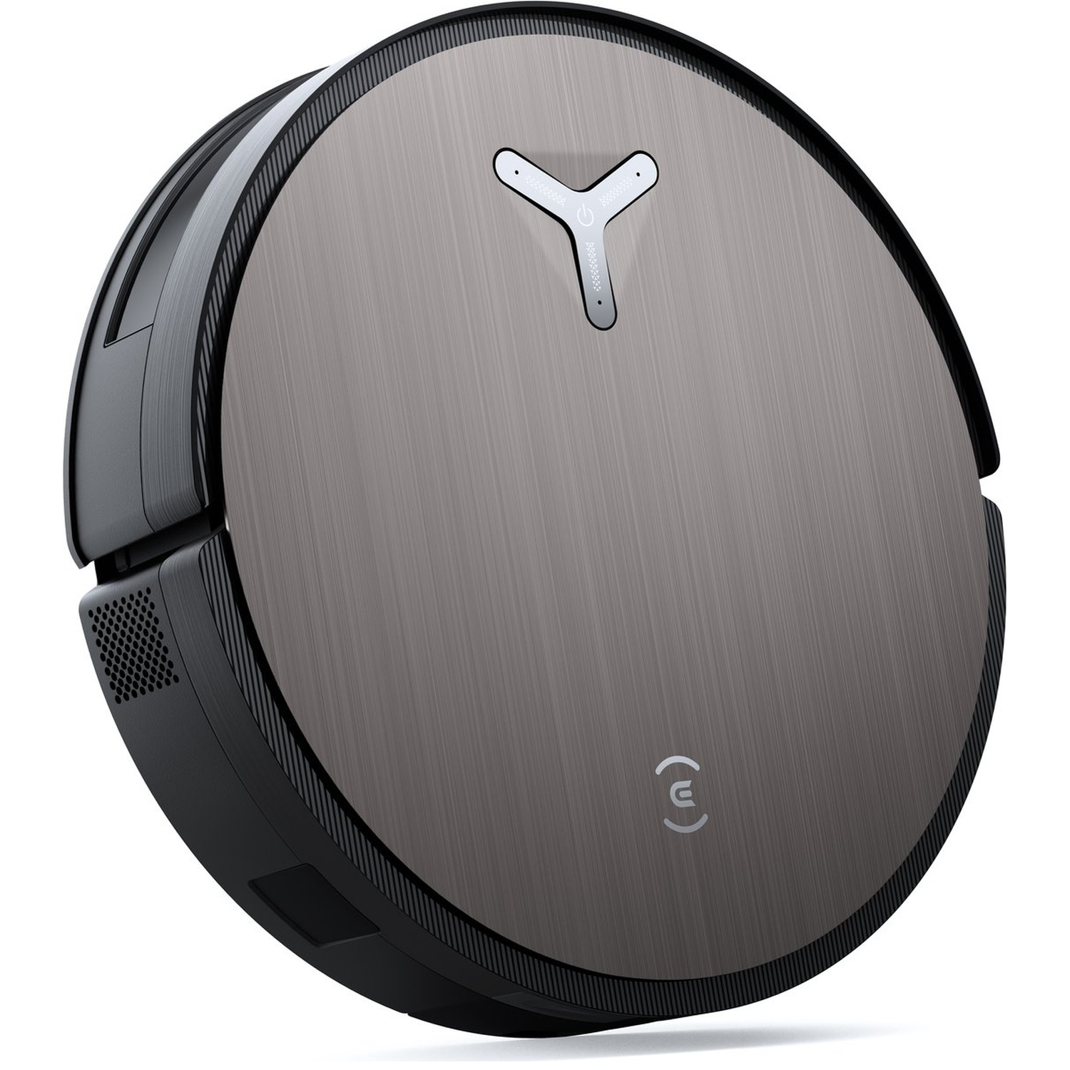 A robot vacuum cleaner, circular with a grey brushed metal finish. It has a power button and the brand's logo.