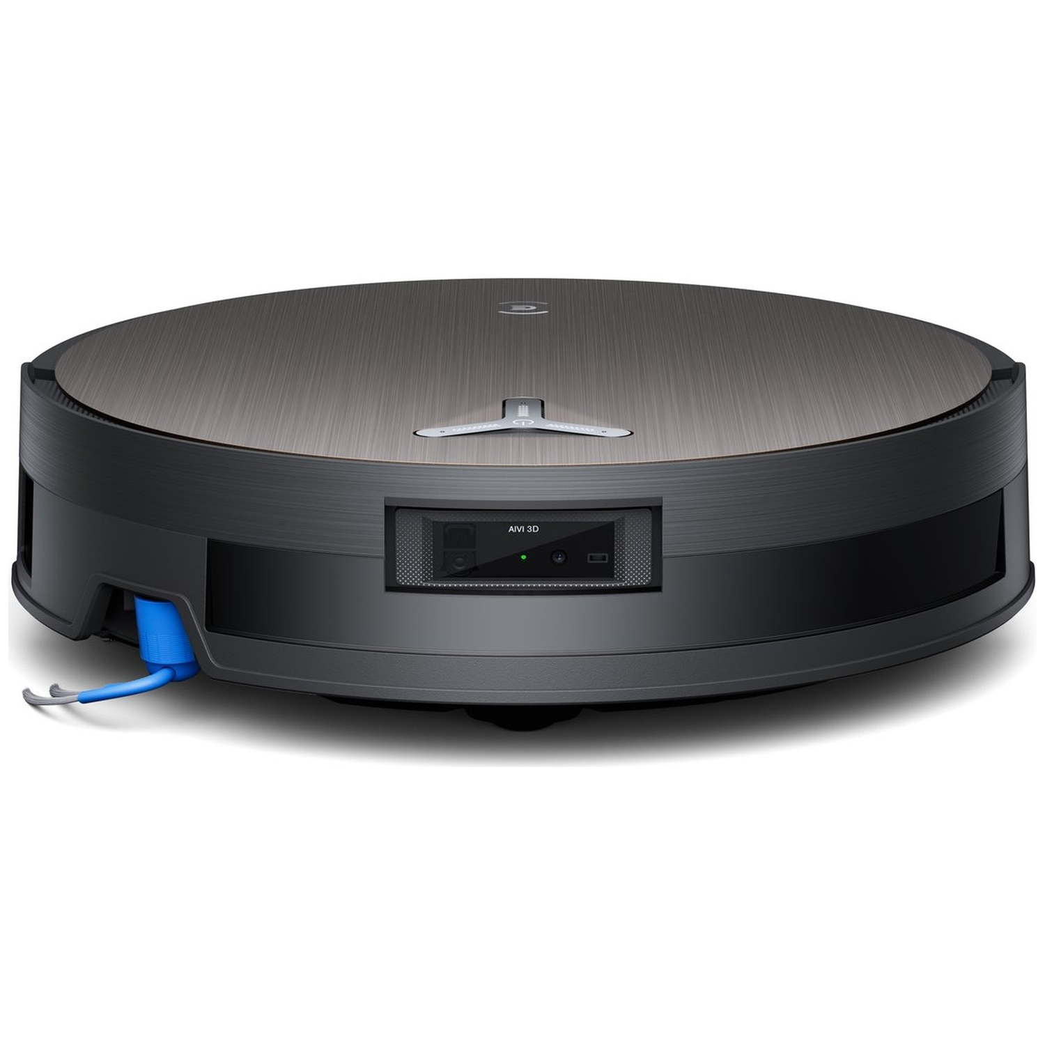 A black and gray robotic vacuum cleaner. It has a round shape with a textured top and a blue cord.