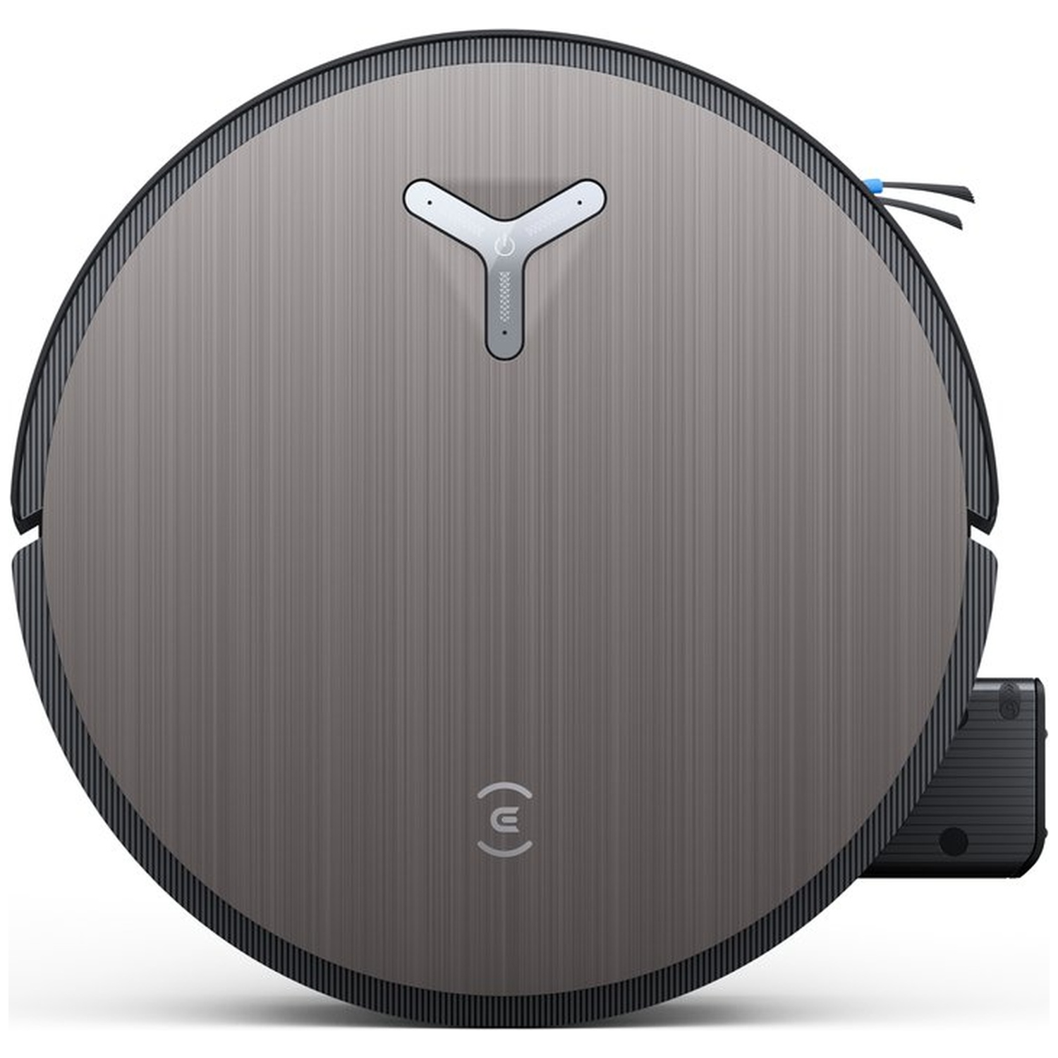 A gray, round robot vacuum cleaner with a black rim and a small charging dock. It has a power button.