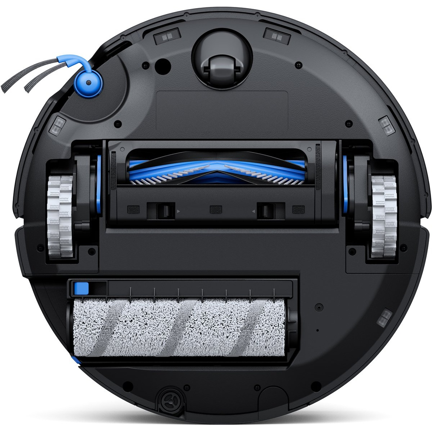The underside of a black robotic vacuum cleaner. It features a rotating brush, two wheels, a blue brush, and a side brush.